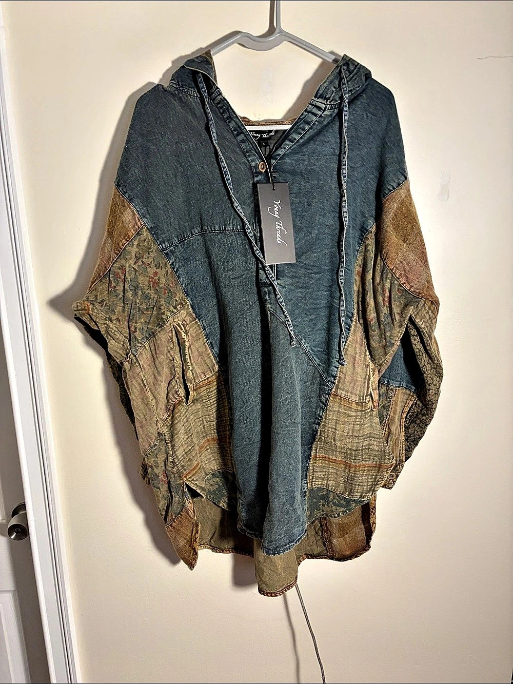 Young Threads Front-Open Hooded Denim Shirt with Playful Mixed Ruffles Mixed